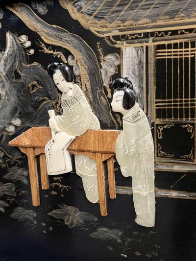 Chinese Export Lacquered Bar Ebony Raised Figure Carvings Chinoiserie