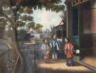 Chinese Export Oil On Canvas Of Court Scene