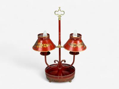 Chinese Export Painted Metal Brass Red Japanned Table Lamp 20th C