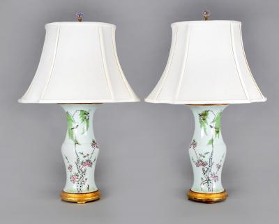 Chinese Export Porcelain Table Lamps with Shades a Pair