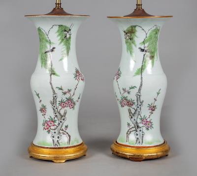 Chinese Export Porcelain Table Lamps with Shades a Pair