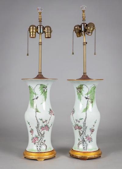 Chinese Export Porcelain Table Lamps with Shades a Pair