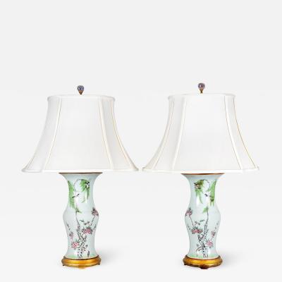 Chinese Export Porcelain Table Lamps with Shades a Pair