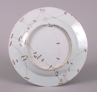 Chinese Export Pseudo Tobacco Leaf Charger with Staple Repairs c 1750