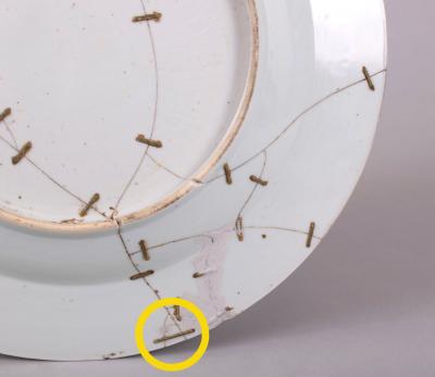 Chinese Export Pseudo Tobacco Leaf Charger with Staple Repairs c 1750