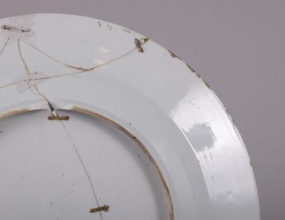 Chinese Export Pseudo Tobacco Leaf Charger with Staple Repairs c 1750