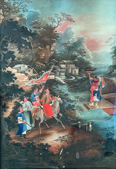 Chinese Export Reverse Glass Painting of Warriors in Landscape circa 1825