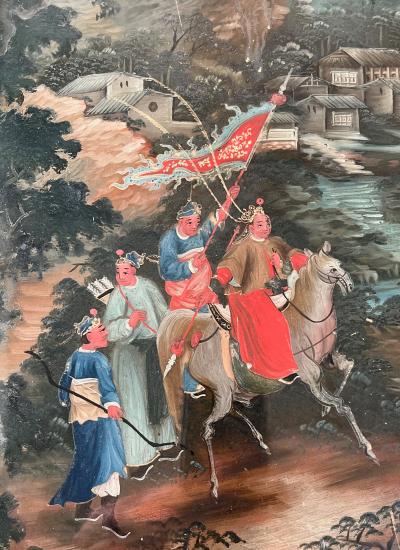 Chinese Export Reverse Glass Painting of Warriors in Landscape circa 1825