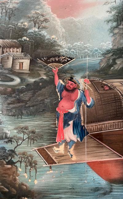 Chinese Export Reverse Glass Painting of Warriors in Landscape circa 1825