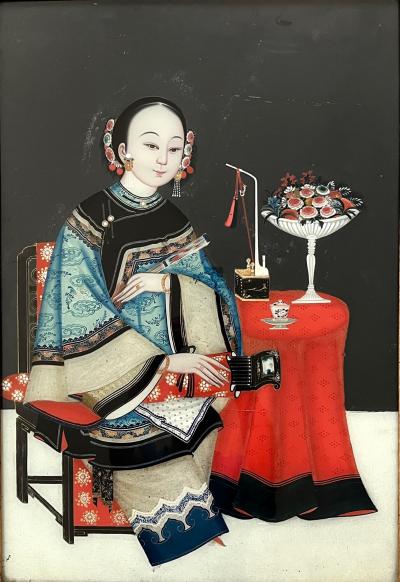 Chinese Export Reverse Glass Portrait Painting of an Opium Maiden circa 1830