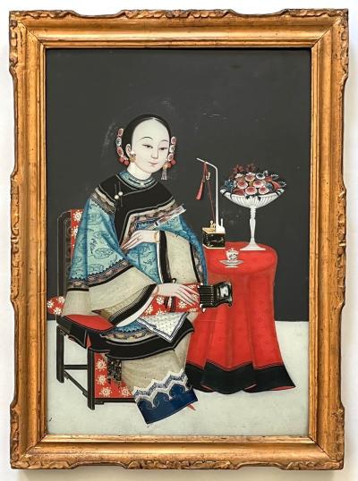 Chinese Export Reverse Glass Portrait Painting of an Opium Maiden circa 1830