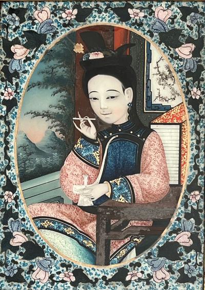 Chinese Export Reverse Glass Portrait Painting of an Opium Maiden circa 1880