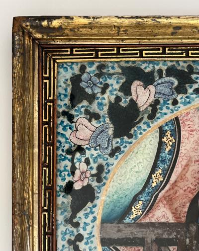 Chinese Export Reverse Glass Portrait Painting of an Opium Maiden circa 1880