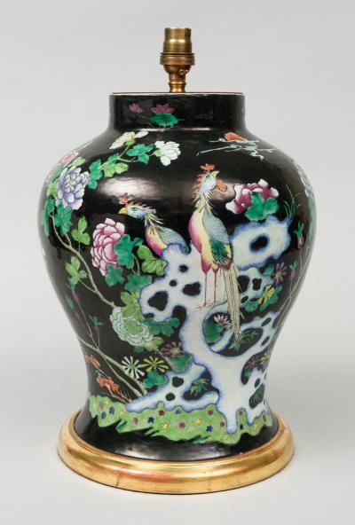 Chinese Famille Noire Vase Lamp