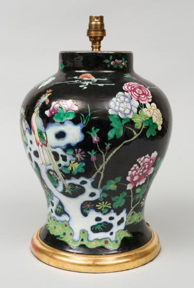 Chinese Famille Noire Vase Lamp