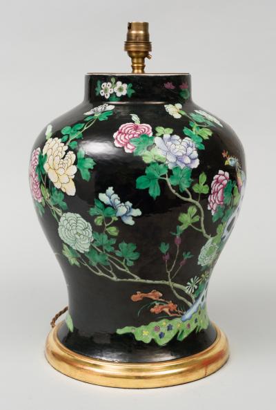 Chinese Famille Noire Vase Lamp