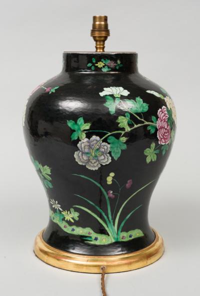 Chinese Famille Noire Vase Lamp