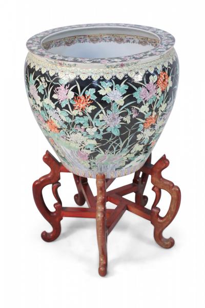 Chinese Floral Porcelain Planter With Wooden Stand