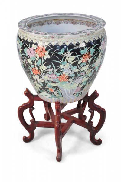Chinese Floral Porcelain Planter With Wooden Stand