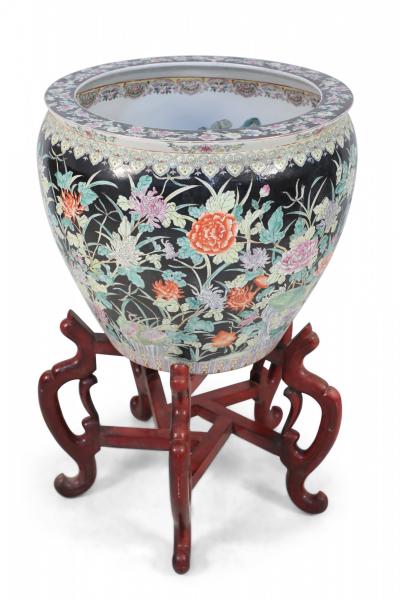 Chinese Floral Porcelain Planter With Wooden Stand