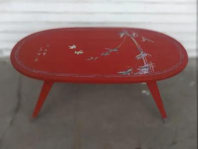 Chinese Folding Leg Red Lacquer Coffee Table with Mother of Pearl Inlay