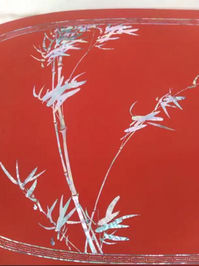 Chinese Folding Leg Red Lacquer Coffee Table with Mother of Pearl Inlay