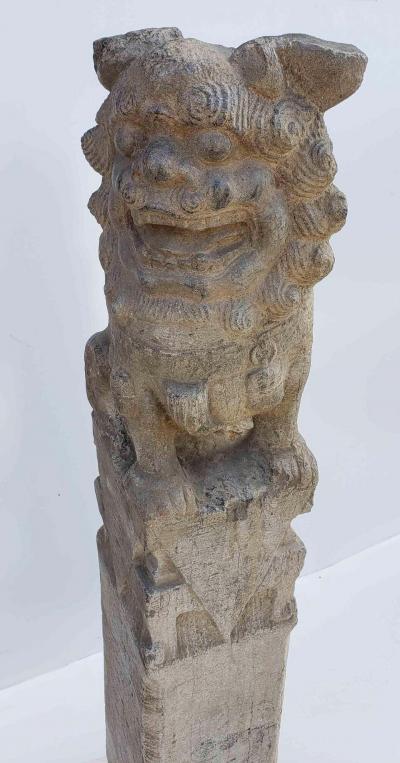 Chinese Foo Dog Hitching Post Sculpture in Solid Granite 19th Century