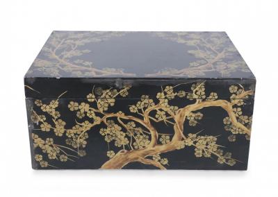 Chinese Gold and Black Painted Cherry Blossom Motif Decorative Box