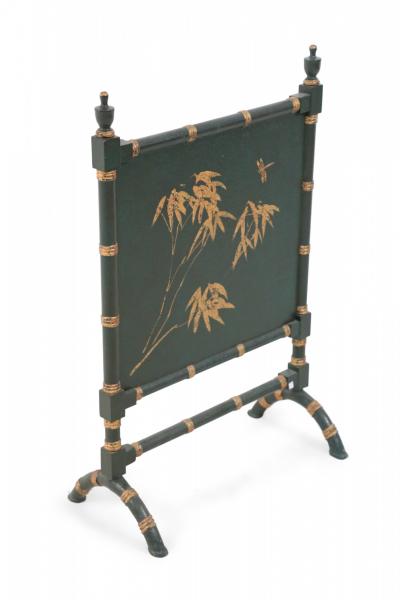 Chinese Green Painted Faux Bamboo and Gold Design Fireplace Screen