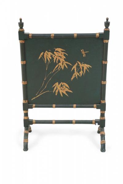Chinese Green Painted Faux Bamboo and Gold Design Fireplace Screen