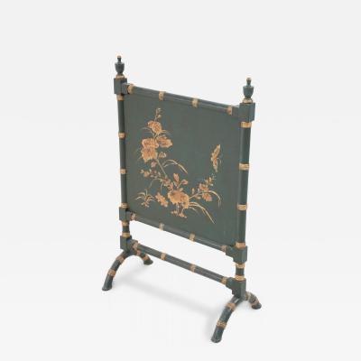 Chinese Green Painted Faux Bamboo and Gold Design Fireplace Screen