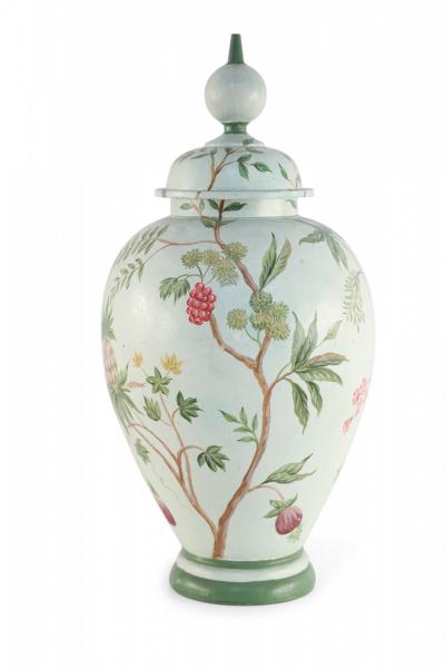 Chinese Green and Botanical Hand Made Tole Lidded Urn