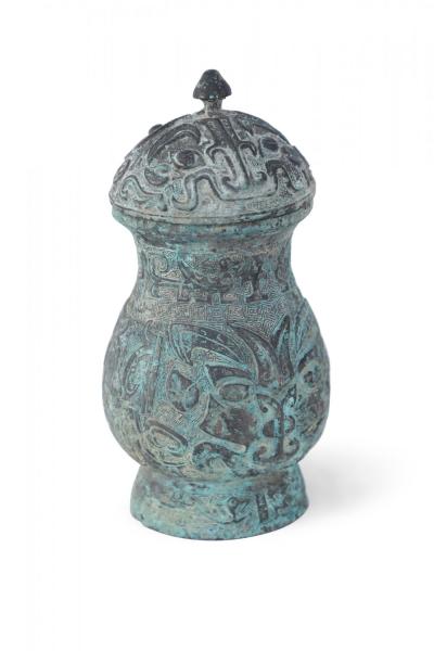 Chinese Han Dynasty Style Green Patinated Bronze Lidded Jar