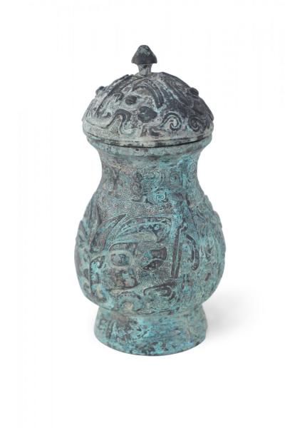 Chinese Han Dynasty Style Green Patinated Bronze Lidded Jar