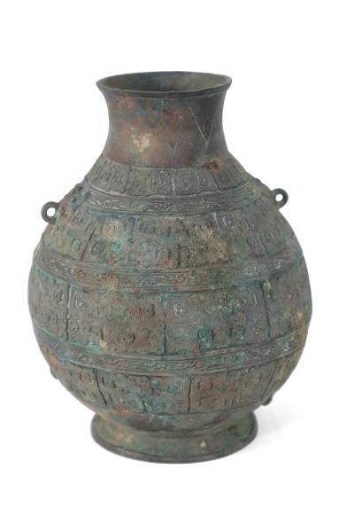 Chinese Han Dynasty Style Patinated Bronze Carved Urn