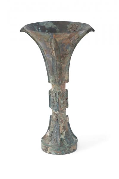 Chinese Han Dynasty Style Patinated Bronze Fluted Wine Goblet