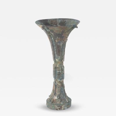 Chinese Han Dynasty Style Patinated Bronze Fluted Wine Goblet