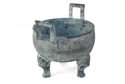 Chinese Han Dynasty Style Patinated Bronze Footed Pot