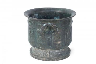 Chinese Han Dynasty Style Patinated Bronze Footed Urn