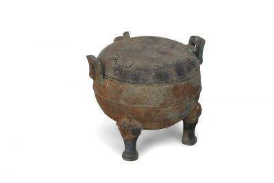 Chinese Han Dynasty Style Patinated Bronze Footed and Lidded Pot