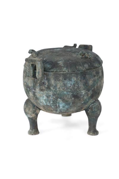 Chinese Han Dynasty Style Patinated Bronze Lidded and Footed Pot