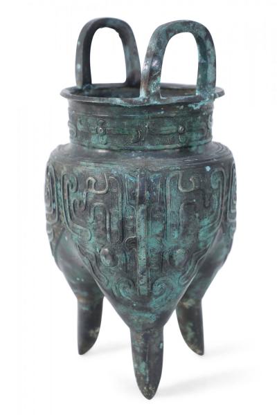 Chinese Han Dynasty Style Patinated Bronze Tapered Leg Vessel