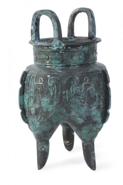 Chinese Han Dynasty Style Patinated Bronze Tapered Leg Vessel
