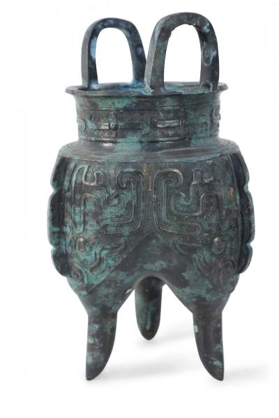 Chinese Han Dynasty Style Patinated Bronze Tapered Leg Vessel