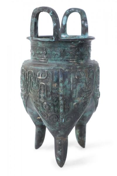 Chinese Han Dynasty Style Patinated Bronze Tapered Leg Vessel