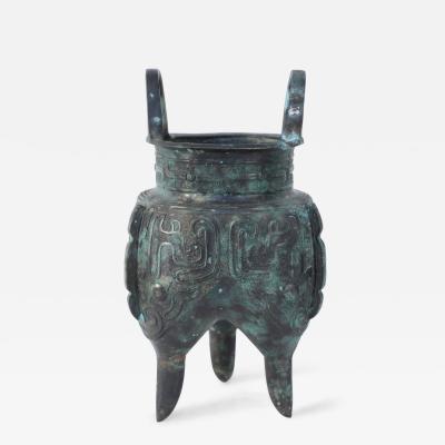 Chinese Han Dynasty Style Patinated Bronze Tapered Leg Vessel