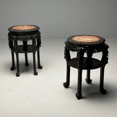 Chinese Heavily Carved Occasional Tables or Pedestals Teak Marble 1920s