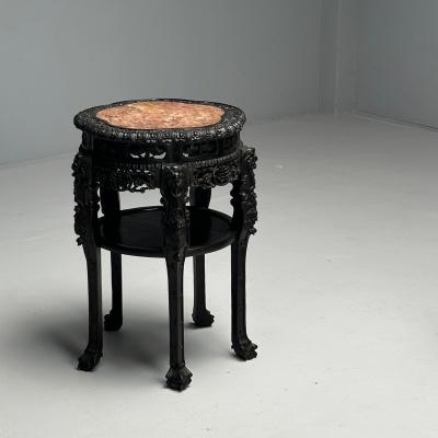 Chinese Heavily Carved Occasional Tables or Pedestals Teak Marble 1920s