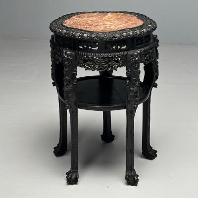 Chinese Heavily Carved Occasional Tables or Pedestals Teak Marble 1920s