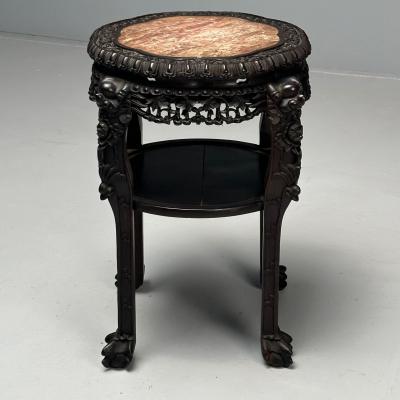 Chinese Heavily Carved Occasional Tables or Pedestals Teak Marble 1920s